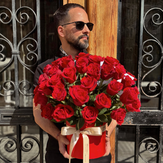 The Love Box – Bouquet of 75 Red Roses and Eucalyptus