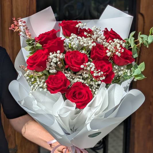 Dozen Roses – Bouquet of 12 Red Roses and Eucalyptus