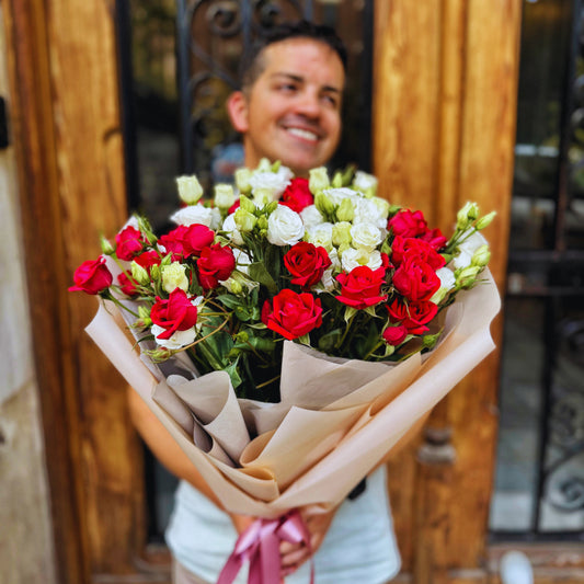 Future Lovers – Bouquet of Mini Red Roses and White Lisianthus with Premium Wrapping